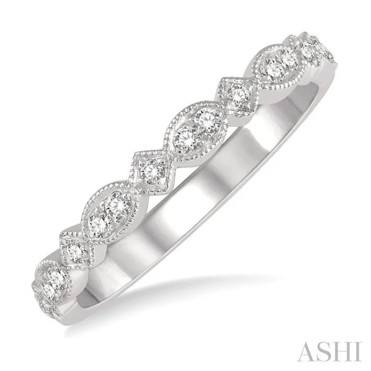 Women’s diamond-studded engagement ring-1/5 Ctw Marquise & Square Mount Round Cut Diamond Stack Band in 14K White Gold