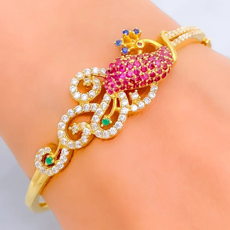 Women's designer bangle-Extravagant Feathered Peacock 22k Gold CZ Bangle Bracelet