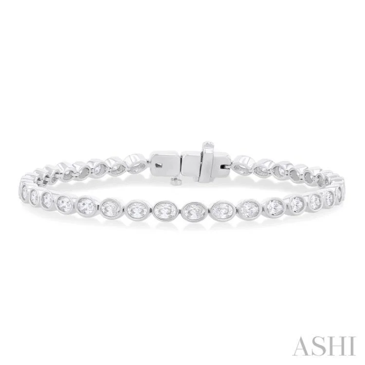 Women's birthday bracelet-3 3/4 Ctw East-West Bezel Set Oval Cut Diamond Tennis Bracelet in 14K White Gold