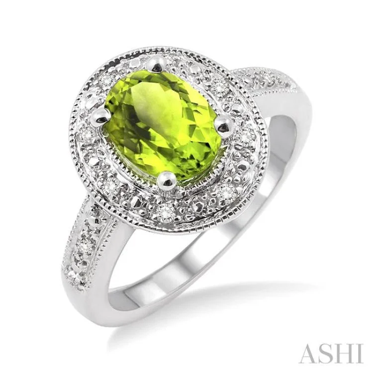 Women’s engagement ring with custom engraving-8x6 MM Oval Cut Peridot and 1/20 Ctw Single Cut Diamond Ring in Sterling Silver