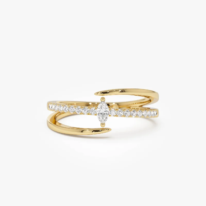 Women’s radiant engagement ring design-14K Double Band Marquise Diamond Ring with Pavé Accents