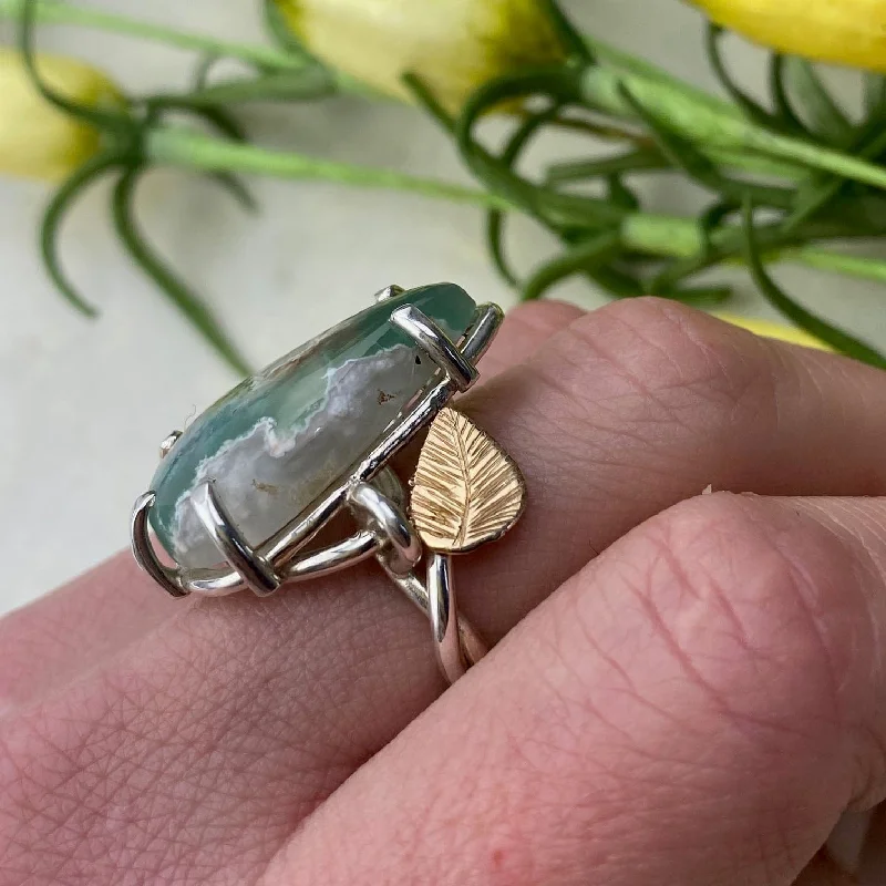 Women’s luxurious ring options-Yellow Gold and Silver Chrysoprase Leaf Ring