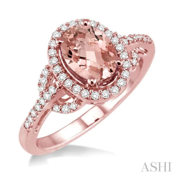 Women’s unique engagement ring-8x6MM Oval Cut Morganite and 1/3 Ctw Round Cut Diamond Ring in 14K Rose Gold