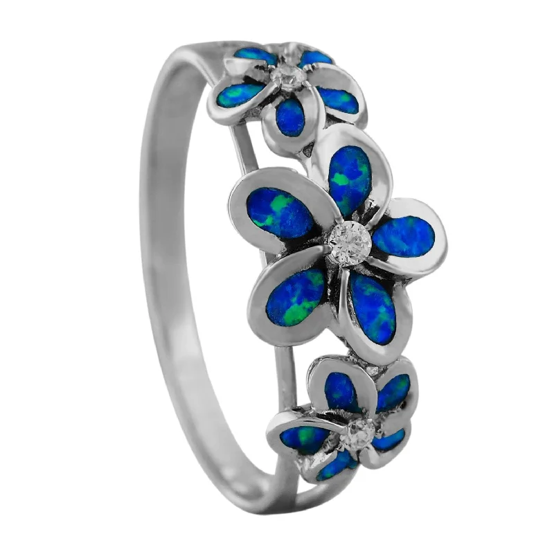 Recommended women’s rings-Sterling Silver Synthetic Opal Three Plumeria Ring Size 10