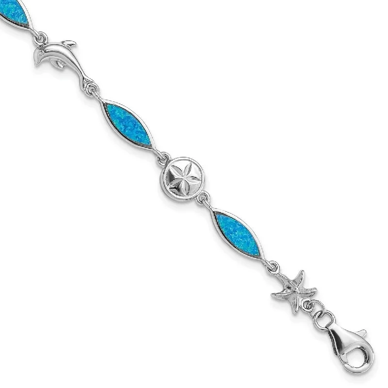 Women's beaded bracelet-Curata 20mm 925 Sterling Silver Rhodium Plated Blue Inlay Simulated Opal Sea Life Bracelet 7 Inch