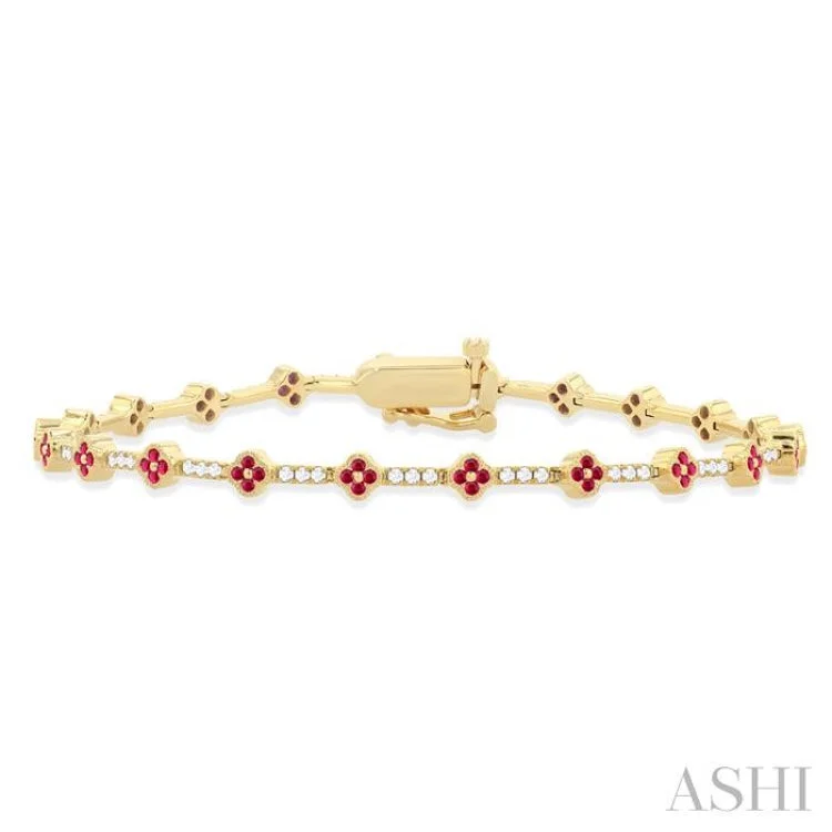 Women's crystal bangle-1/2 Ctw Clover Leaf & Bar Link 1.00 MM Ruby and Round Cut Diamond Precious Bracelet in 14K Yellow Gold