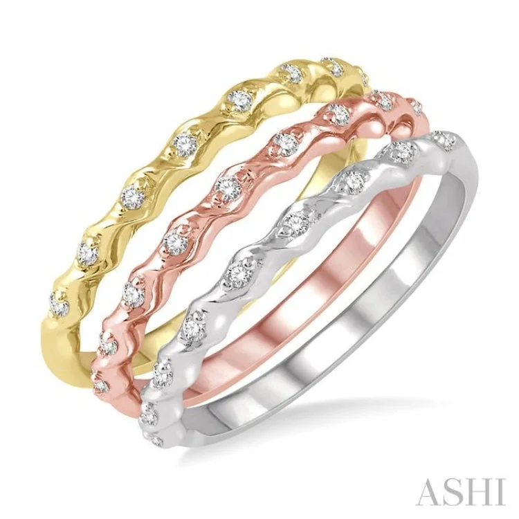 Women’s custom engagement ring designs-1/5 ctw Twisted Top Three Tone Round Cut Diamond Stackable Band in 14K White, Yellow and Rose Gold