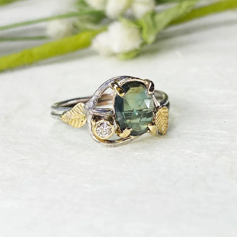 Women’s timeless rings-14k White and Yellow Gold Green Sapphire Leaf Ring