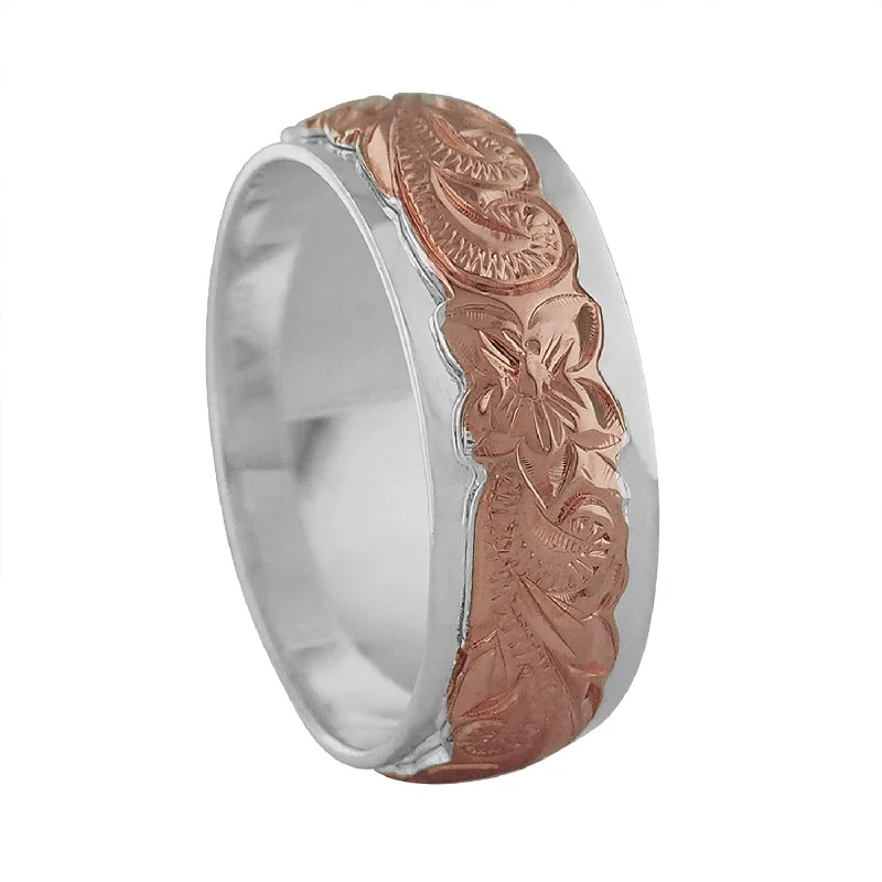 Women’s ring styling-Sterling Silver 14kt Rose Gold Plated Raised Hawaiian Band Ring