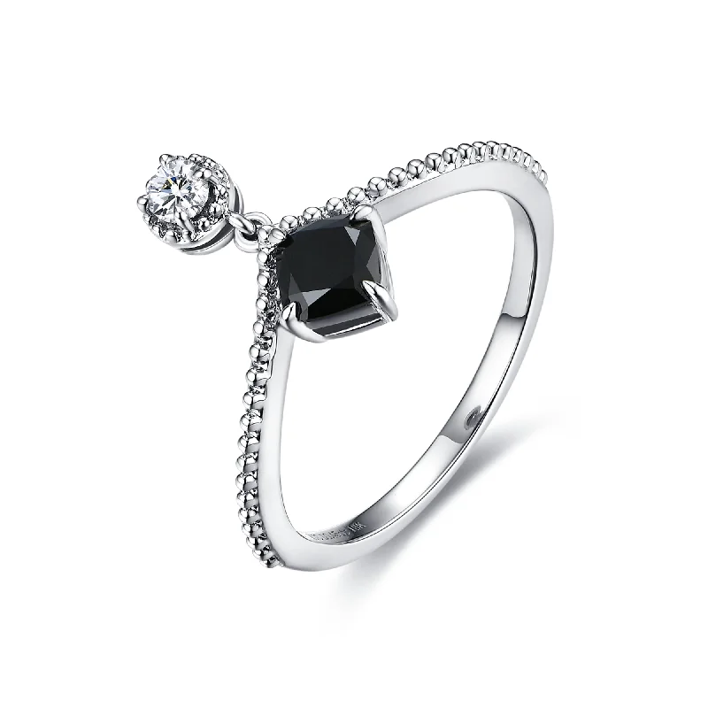 Women’s gemstone engagement ring-Dangling White and Black Diamond Ring